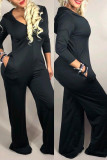 Black Fashion Casual Solid Basic Hooded Collar Regular Jumpsuits