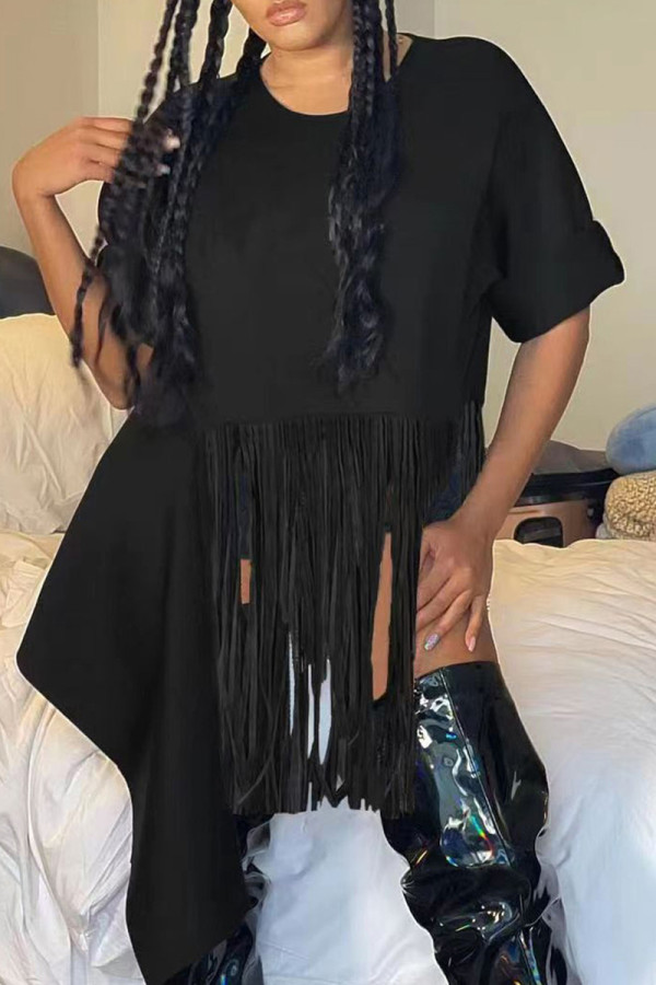 Black Fashion Casual Solid Tassel Patchwork Asymmetrical O Neck Tops
