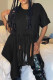Black Fashion Casual Solid Tassel Patchwork Asymmetrical O Neck Tops