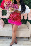 Red Sexy Patchwork Sequins Feathers Skinny High Waist Pencil Full Print Bottoms