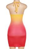 Orange Sexy Gradual Change Hollowed Out Halter Pencil Skirt Dresses