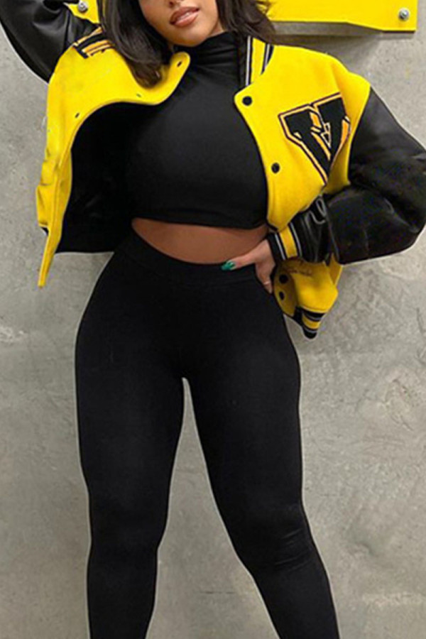Yellow Street Solid Embroidered Patchwork Buckle Outerwear