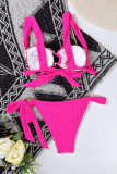 Rose Red Fashion Sexy Print Leopard Bandage Patchwork Backless Swimwears (With Paddings)