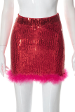 Red Sexy Patchwork Sequins Feathers Skinny High Waist Pencil Full Print Bottoms