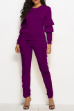 Purple Fashion Solid Flounce O Neck Long Sleeve Two Pieces