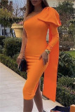 Blue Fashion Casual Formal Solid Patchwork Backless Oblique Collar Long Sleeve Dresses
