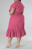 Rose Red Casual Solid Patchwork Fold With Bow V Neck A Line Plus Size Dresses