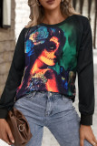 Red Casual Print Patchwork O Neck Tops