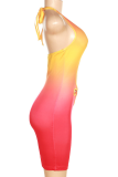 Orange Sexy Gradual Change Hollowed Out Halter Pencil Skirt Dresses