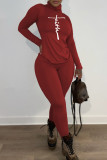 Red Fashion Casual Print Basic Turtleneck Long Sleeve Two Pieces
