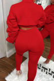 Red Fashion Casual Solid Patchwork Zipper Collar Long Sleeve Two Pieces