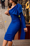 Blue Fashion Casual Formal Solid Patchwork Backless Oblique Collar Long Sleeve Dresses