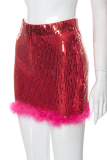 Red Sexy Patchwork Sequins Feathers Skinny High Waist Pencil Full Print Bottoms