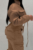 Coffee Casual Solid Bandage Patchwork Pocket Half A Turtleneck Outerwear