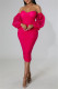 Rose Red Fashion Sexy Solid Patchwork Backless Fold Off the Shoulder Pencil Skirt Dresses
