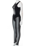 Black Sexy Solid Mesh O Neck Skinny Jumpsuits