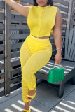 Yellow Sexy Solid Mesh O Neck Sleeveless Two Pieces