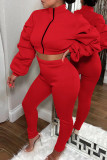 Red Fashion Casual Solid Patchwork Zipper Collar Long Sleeve Two Pieces
