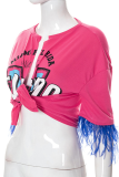 Pink Casual Print Tassel V Neck T-Shirts