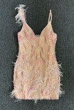 Pink Fashion Sexy Patchwork Embroidery Sequins Backless Spaghetti Strap Sleeveless Dress