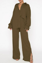Khaki Casual Solid Patchwork Buckle Turndown Collar Long Sleeve Two Pieces