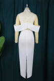 White Sexy Formal Patchwork See-through Slit Half A Turtleneck Evening Dress Dresses