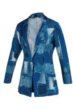 Blue Casual Print Patchwork Buttons Turn-back Collar Long Sleeve Two Pieces