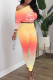 Fluorescent Yellow Casual Gradual Change Print Patchwork Long Sleeve Two Pieces