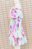 Pink Casual Patchwork Tie-dye Flounce Spaghetti Strap Cake Skirt Dresses