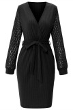 Red Casual Solid Hollowed Out Patchwork V Neck Long Sleeve Dresses