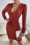 Red Casual Solid Hollowed Out Patchwork V Neck Long Sleeve Dresses