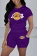 Purple Casual Print Letter O Neck Short Sleeve Two Pieces