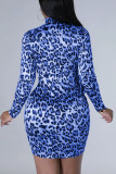 Leopard Print Sexy Print Patchwork Zipper Half A Turtleneck Long Sleeve Dresses