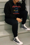 Black Casual Letter Cartoon Print Patchwork Hooded Collar Long Sleeve Two Pieces
