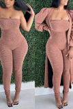 Deep Pink Sexy Solid Patchwork Strapless Long Sleeve Two Pieces