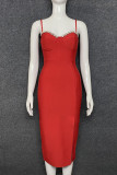 Red Elegant Solid Patchwork Slit Hot Drill Spaghetti Strap Sling Dress Dresses