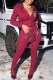 Burgundy Sexy Print Patchwork Hooded Collar Long Sleeve Two Pieces