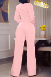 Pink Casual Solid Patchwork Buckle Turn-back Collar Long Sleeve Two Pieces