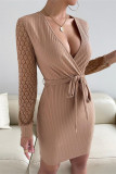 Red Casual Solid Hollowed Out Patchwork V Neck Long Sleeve Dresses
