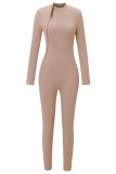 Khaki Casual Color Block Patchwork Zipper O Neck Skinny Jumpsuits