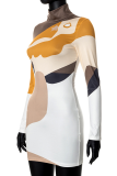 Yellow Sexy Print Patchwork Turtleneck Pencil Skirt Dresses