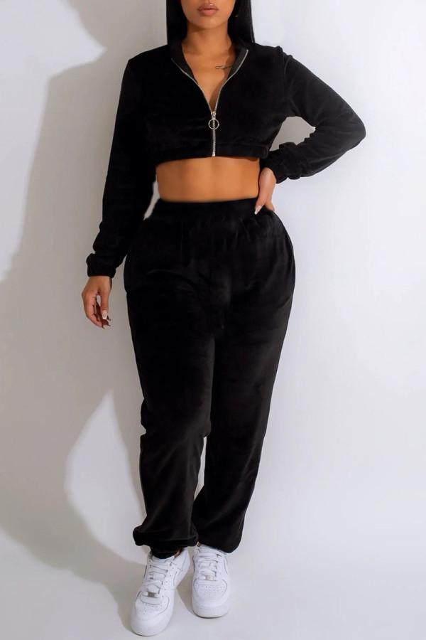 Black Casual Solid Patchwork Zipper Long Sleeve Two Pieces