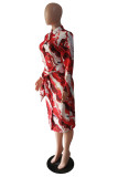 Colour Casual Print Patchwork Turndown Collar Long Sleeve Dresses