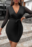 Red Casual Solid Hollowed Out Patchwork V Neck Long Sleeve Dresses