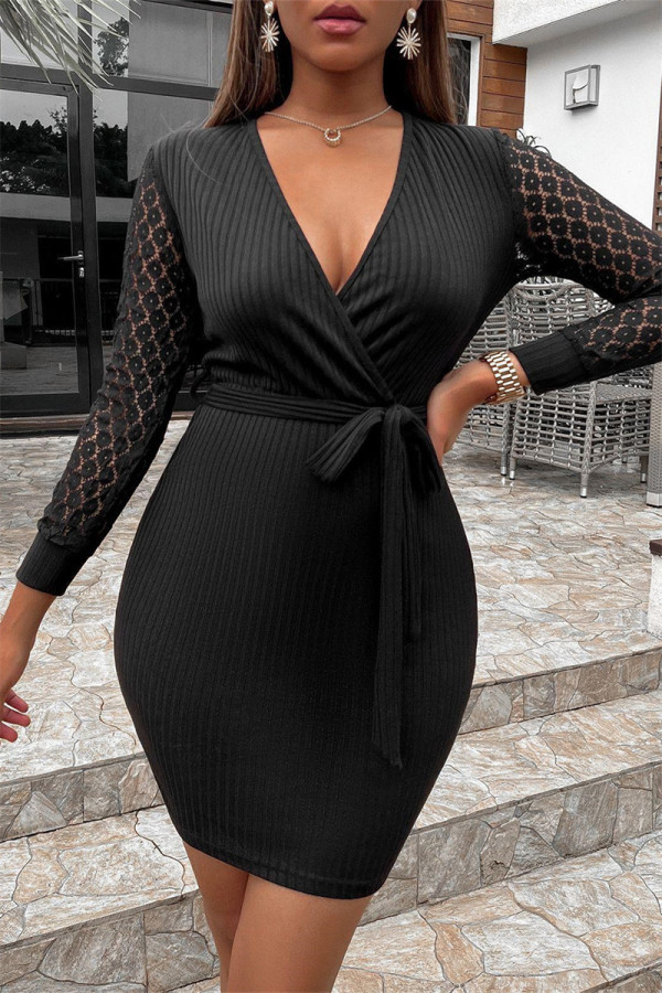 Black Casual Solid Hollowed Out Patchwork V Neck Long Sleeve Dresses