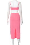 White Sexy Solid Hollowed Out Draw String Spaghetti Strap Sleeveless Two Pieces