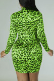 Leopard Print Sexy Print Patchwork Zipper Half A Turtleneck Long Sleeve Dresses