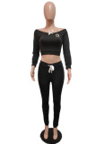 Deep Coffee Casual Solid Patchwork Metal Accessories Decoration Off the Shoulder Long Sleeve Two Pieces (With Brooch)