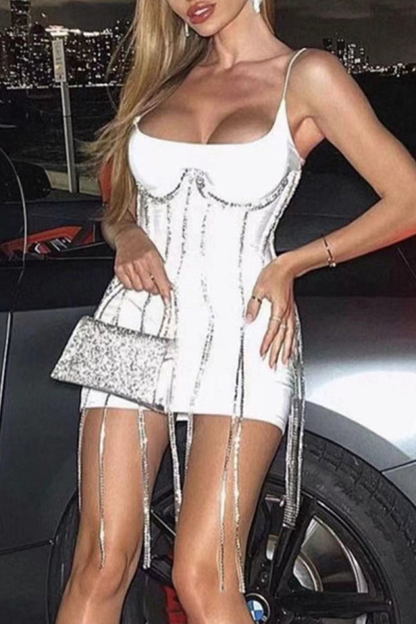 White Sexy Solid Tassel Patchwork Hot Drill Spaghetti Strap Pencil Skirt Dresses