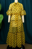 Yellow Casual Sweet Print Polka Dot Bandage Patchwork O Neck Straight Dresses